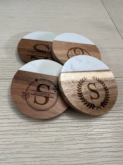 Set of 4 Wooden and Marble Drink Coasters